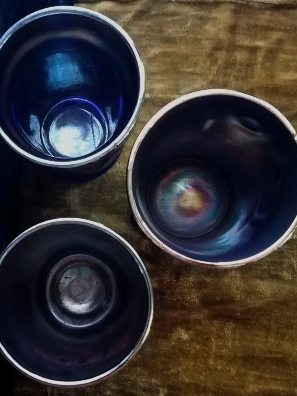 Collection of 3 Antique Dugan & Fenton Amethyst Cobalt Carnival Glass Tumblers